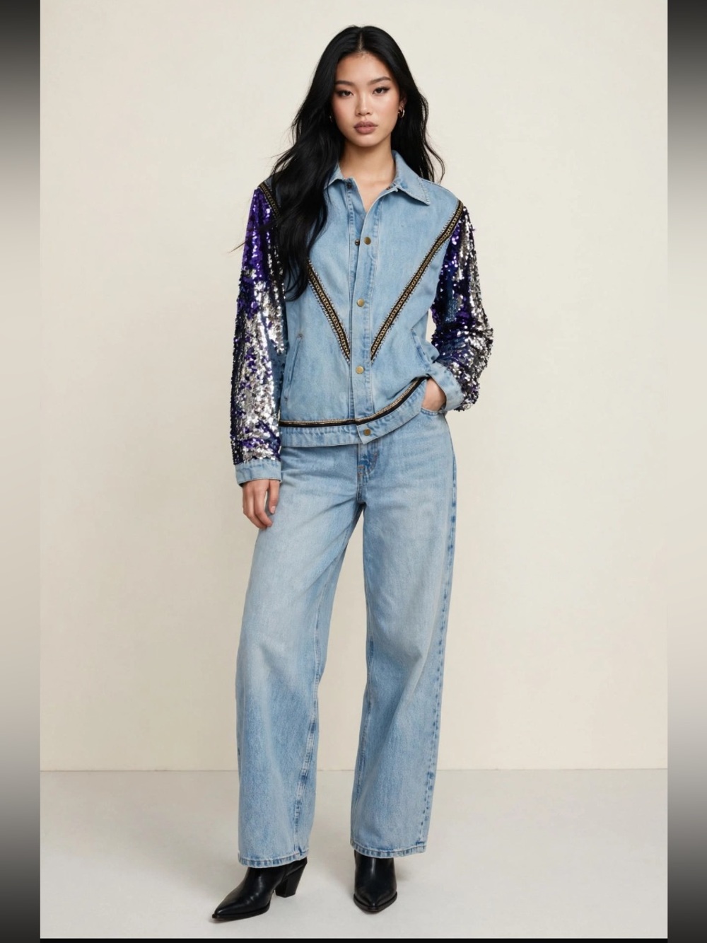 Evil Eye Sequin Bomber🦋
Light wash denim meets full blue,silver sequin jacket .